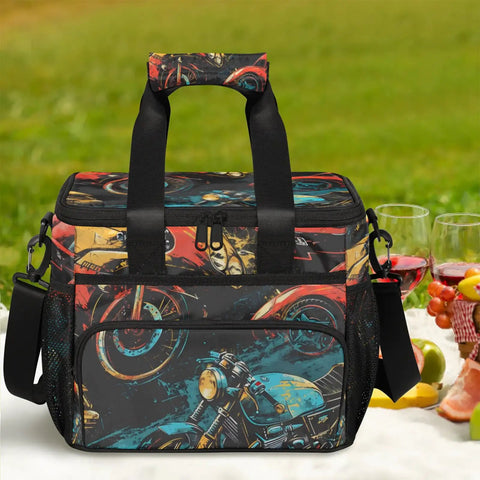 Insulated Picnic Backpack Lunch Bag with motorcycle design, thick thermal lining, and roomy interior for beach and travel