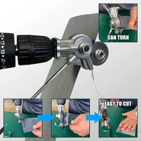 Nibbler Metal Cutter Drill Attachment For Electric Drills cutting thin metal sheet, showing easy install and precision metal cutting tool in use.