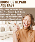 Person smiling with thumbs up, promoting Leather And Vinyl Repair Kit For Furniture And Car Interiors Fix Scratches Tears Holes.