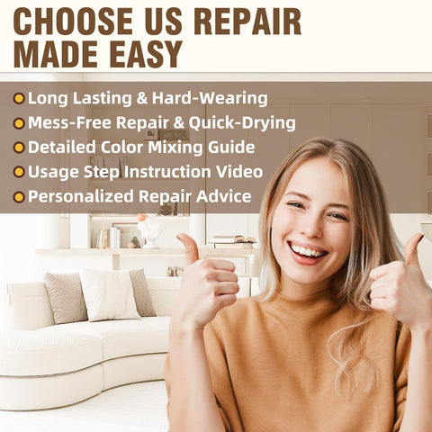 Person smiling with thumbs up, promoting Leather And Vinyl Repair Kit For Furniture And Car Interiors Fix Scratches Tears Holes.