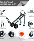 Diagram showing Three In One Industrial Convertible Hand Truck Dolly With 1000 Lb Capacity features like solid wheels and non-slip handle.