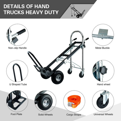 Diagram showing Three In One Industrial Convertible Hand Truck Dolly With 1000 Lb Capacity features like solid wheels and non-slip handle.