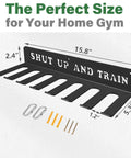 Built Like A Tank Wall Mounted Workout Gear Organizer Rack With Eight Heavy Duty Hooks For Hanging Barbells Resistance Bands Jump Ropes And Belts In Garage Or Home Gyms displayed with dimensions and accessories.