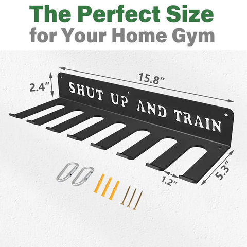 Built Like A Tank Wall Mounted Workout Gear Organizer Rack With Eight Heavy Duty Hooks For Hanging Barbells Resistance Bands Jump Ropes And Belts In Garage Or Home Gyms displayed with dimensions and accessories.