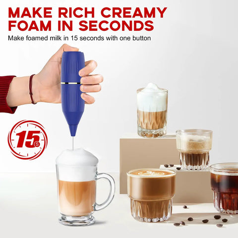 Handheld Milk Frother 14,000 RPM Drink Mixer Wand with Stand and Stirring Spoon creates creamy foam for coffee and lattes.