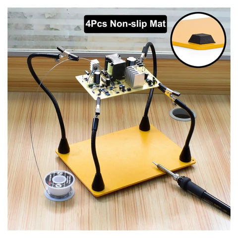 Magnetic Third Hand Soldering Station With 3X LED Magnifying Glass, adjustable gooseneck PCB holder, and precision alligator clips in use