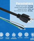 Heavy Duty 3 Prong Replacement Power Cord 14 AWG 8 Foot Black AC Cable with prongs and wires visible on blue background.