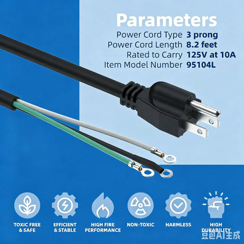 Heavy Duty 3 Prong Replacement Power Cord 14 AWG 8 Foot Black AC Cable with prongs and wires visible on blue background.