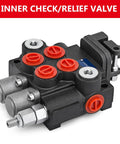 Front view of a two-spool hydraulic joystick control valve with red caps and steel body