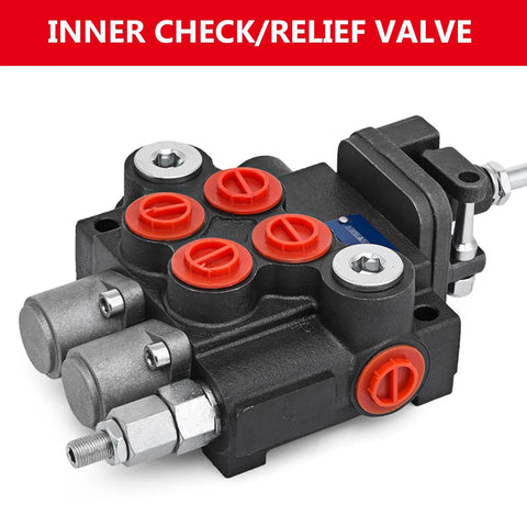 Front view of a two-spool hydraulic joystick control valve with red caps and steel body