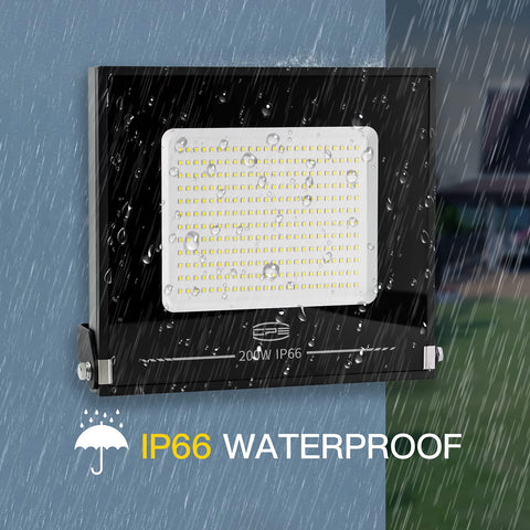 Beast 200W LED Flood Light Twin Pack With Plug 17500 Lumen Outdoor Security Lights IP66 Waterproof shown in rain
