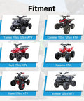 Fitment chart showing six different ATVs: Taotao 110cc 125cc, Coolster 110cc 125cc, Sunl 110cc, Kazuma, X-pro 125cc, Icebear 125cc