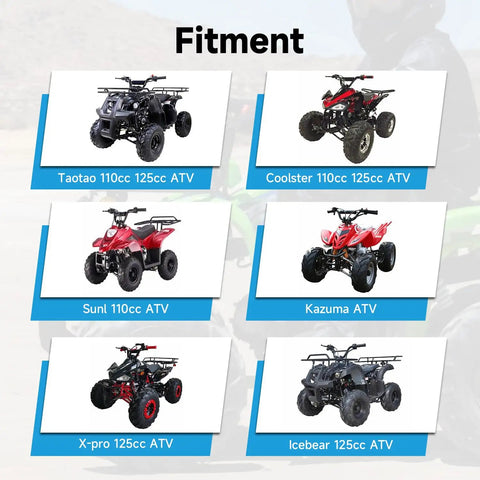 Fitment chart showing six different ATVs: Taotao 110cc 125cc, Coolster 110cc 125cc, Sunl 110cc, Kazuma, X-pro 125cc, Icebear 125cc