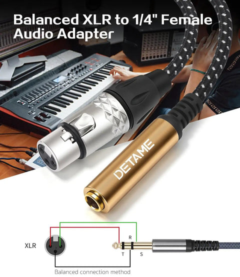 Hot 1Ft Audio Cable XLR Female To 1/4 Trs Female Jack For Mic Guitar Amp And Mixer - close-up of XLR to 1/4 adapter with cable details.
