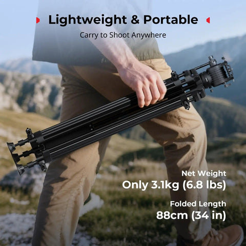 Beefy Pro Grade Aluminum Video Tripod With Fluid Head For Pro Shoots, 73 Inch Reach, Supports Up To 8kg, model folded and carried