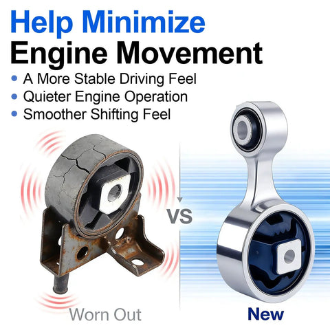 4Piece Engine Motor Mount Set With Premium Vibration Dampening For 2015 2016 2017 Models 2.4L L4 Engines shown in comparison of old and new.