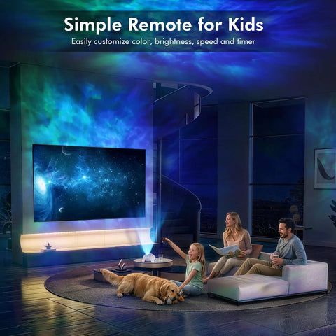 Family using Star Projector 4 in 1 Aurora Night Light With Bluetooth Speaker, Northern Lights effect in living room with dog.