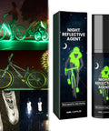 Glow In The Dark Spray Paint Outdoor Fluorescent Reflective Paint (green) shown on bikes and packaging in night setting.