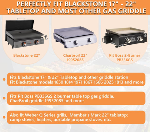 Propane Adapter Hose And Regulator Conversion Kit 1Lb To 20Lb For Griddles And Portable Stoves Fits Blackstone 17In And 22In Tabletop Griddles Dash Griddles Pit Boss PB336GS 2 Burner Weber Q Series shown with 22-inch Blackstone, Charbroil, and Pit Boss griddles.