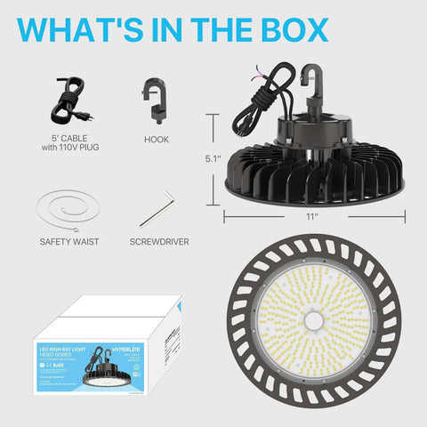 UFO Led High Bay Light 150W 21,750 Lumen 5000K Dimmable One To Ten Volt UL Listed with US Hook and 5 Foot Cable