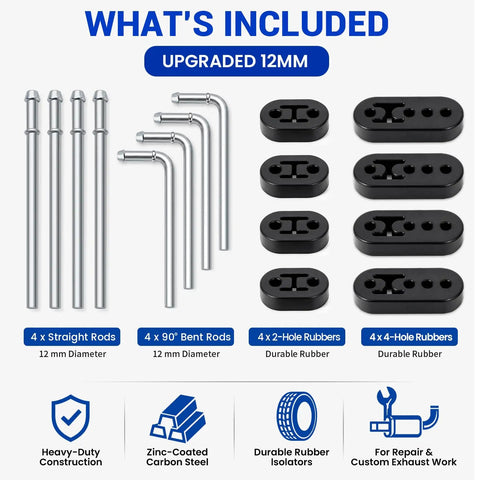 Ultimate 16 Piece Exhaust Hanger Kit featuring Heavy Duty Carbon Steel Rods With Rubber Mounts For Solid Installation And Smooth Ride, 12mm parts
