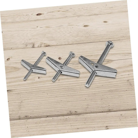 Heavy Duty Toggle Bolt Wing Nut Kit 26 Piece Set Zinc Plated Steel Drywall Anchors, three bolt sizes on wood surface