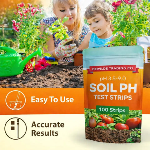 Soil pH Test Strips Kit For Gardens And Lawns, 100 Tester Strips shown with children gardening, packet highlighting range 3.5 to 9.