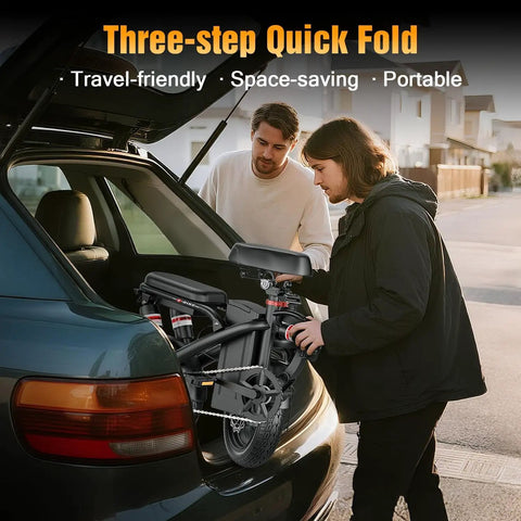 Two people placing a Foldable Electric Bike For Adults And Teens With 1200W Peak Motor into a car trunk, showcasing portability