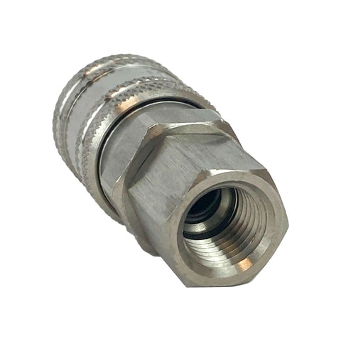 Premium Stainless Steel Air Hose Quick Coupler 1/4 Inch NPT Male Female 300 Psi Rating shown from an angled view.