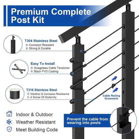 Adjustable Stair Cable Railing Post Kit For Twenty Five To Thirty Five Degree Angles, DIY Friendly Black Swageless System With Thirty Six Inch Posts, Includes Three Stair Posts And 200 Feet Of One Eighth Inch Stainless Cable No Handrail