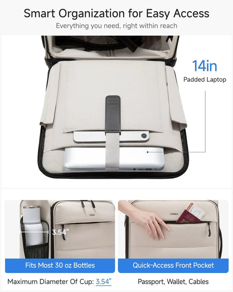 Underseat Carry On Luggage With Smooth Spinner Wheels, Lightweight Softside Suitcase interior showing pockets and laptop space