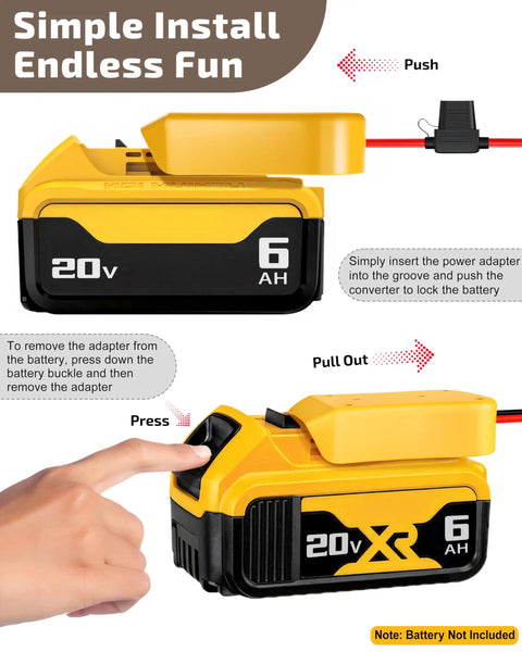 Diagram showing how to use 2-Pack 20V Battery Adapter For Power Wheels Upgrade Kit with 20V and 6AH shown on the adapter.