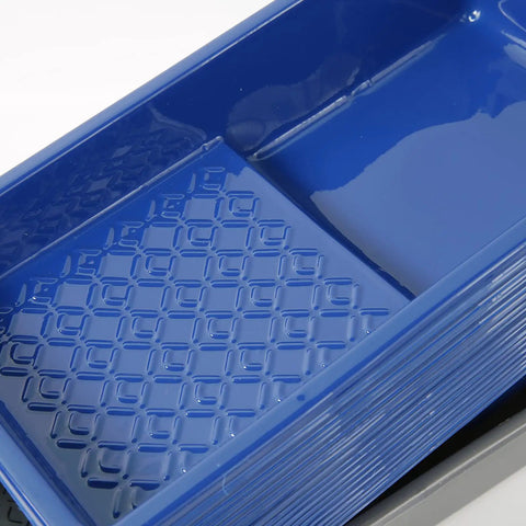 Blue disposable liner in a 4 Inch Paint Tray With Liners Kit Includes 10 Disposable Liners And Roller Frame For Small Projects Cabinets And Crafts DIY Cleanup Pro Grade Reusable Gray Plastic Tray