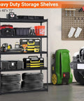 Legit Tough Steel Shelving Rack Five Tier Industrial Garage Storage Unit For Tools And Seasonal Gear 48 By 24 By 72 Inches with various tools and tires.