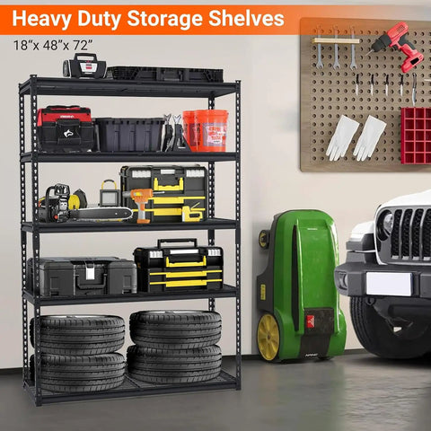 Legit Tough Steel Shelving Rack Five Tier Industrial Garage Storage Unit For Tools And Seasonal Gear 48 By 24 By 72 Inches with various tools and tires.