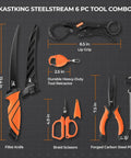 SteelStream 6pc Fishing Tool Kit with pliers, fillet knife, lip gripper, braid scissors, and tool retractor shown with measurements