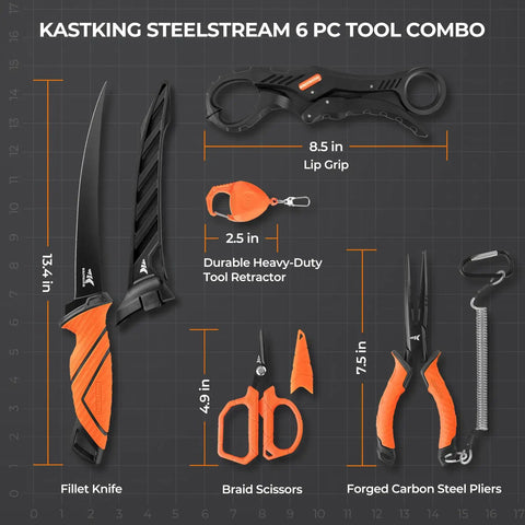 SteelStream 6pc Fishing Tool Kit with pliers, fillet knife, lip gripper, braid scissors, and tool retractor shown with measurements