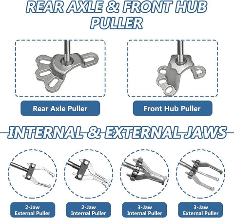 9 Way Slide Hammer Puller Set For Auto Hubs And Axles, featuring internal and external jaws for bearing removal