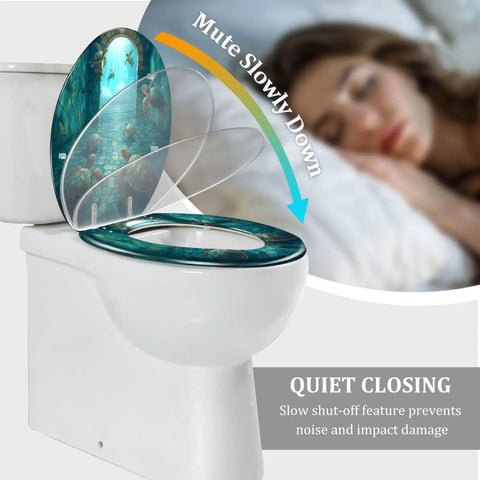 Elongated Resin Toilet Seat for Bathroom with ocean design, featuring quiet close mechanism, perfect for serene bathrooms.
