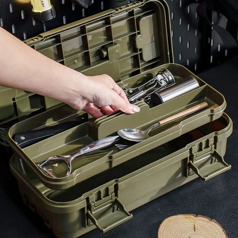 Boss Level Tool Box Organizers In 6.5L And 4L Sizes With Secure Locking Clasps being accessed on job site for tool storage