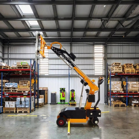 Electric Vacuum Glass Lifter With Hydraulic Arm 300 To 500 Kg Capacity Workhorse Grade Sheet Hoist Machine in warehouse.