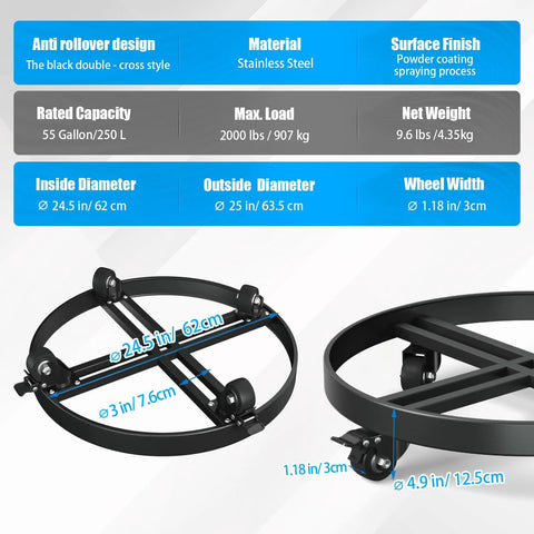 LLNYFL Heavy Duty 55 Gallon Drum Dolly, black stainless steel, 2000 lb capacity, 4 swivel casters with 2 brakes