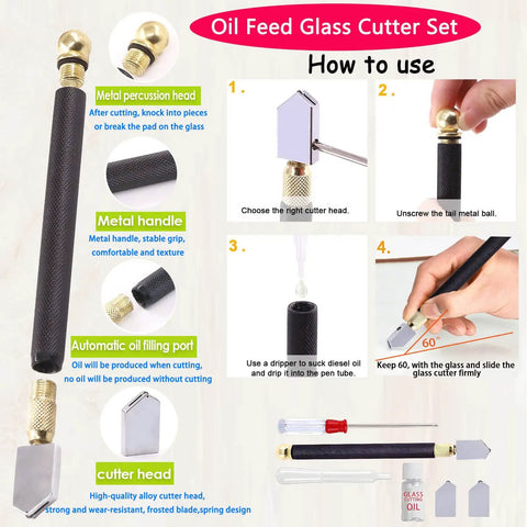 Oil feed glass cutter set with metal percussion head, handle, auto fill port, and cutter head, shown with usage instructions and glass oil dropper.