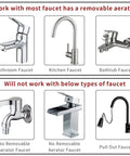 Chart showing faucet types compatible and not compatible with Pet Bath Sprayer Attachment for Sink Faucet.