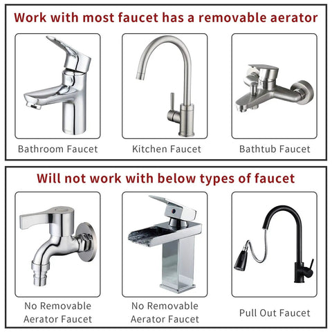 Chart showing faucet types compatible and not compatible with Pet Bath Sprayer Attachment for Sink Faucet.