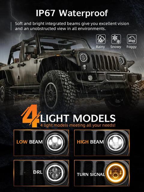 Jeep with Rugged 7 Inch Round LED Headlights With DRL And Turn Signal DOT Approved Includes 2 Lights H4 H13 Adapters