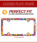 Colorful Floral Stainless Steel License Plate Frame For Cars, Cute Flower Design, Hip Vibe, Non Blocking And Street Legal, 12.3x6.3 inches, shown with measurements, for U.S. and Canadian plates.
