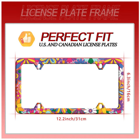 Colorful Floral Stainless Steel License Plate Frame For Cars, Cute Flower Design, Hip Vibe, Non Blocking And Street Legal, 12.3x6.3 inches, shown with measurements, for U.S. and Canadian plates.