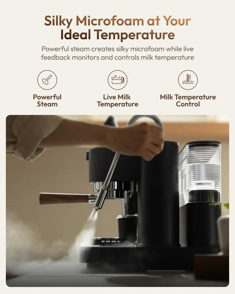 Game Changing Dual Boiler Espresso Machine With Integrated Precision Grinder And Dual Weight Sensors For Reliable Shot Prep and Silky Steamed Milk Anytime You Want To Chill And Sip, steaming milk with temperature control.