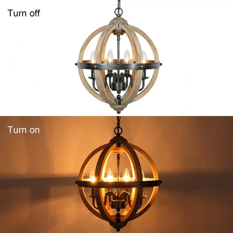 Orb Four Light Farmhouse Chandelier in Stardust Brown finish turned off and on with rustic wood accents for kitchen island.